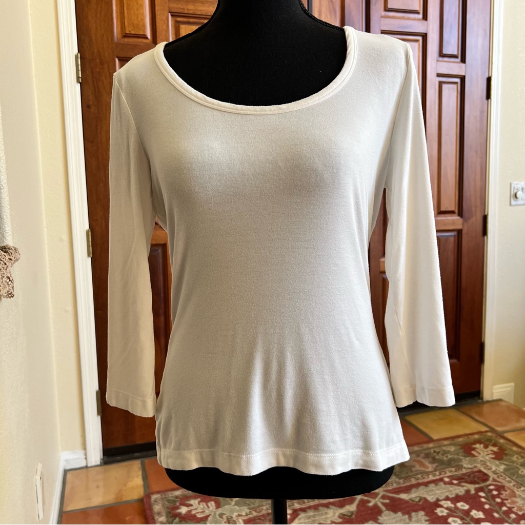 St John Knit Yellow Label Scoop Neck 3/4 Sleeve Sweater Top Cream Size M Viscose